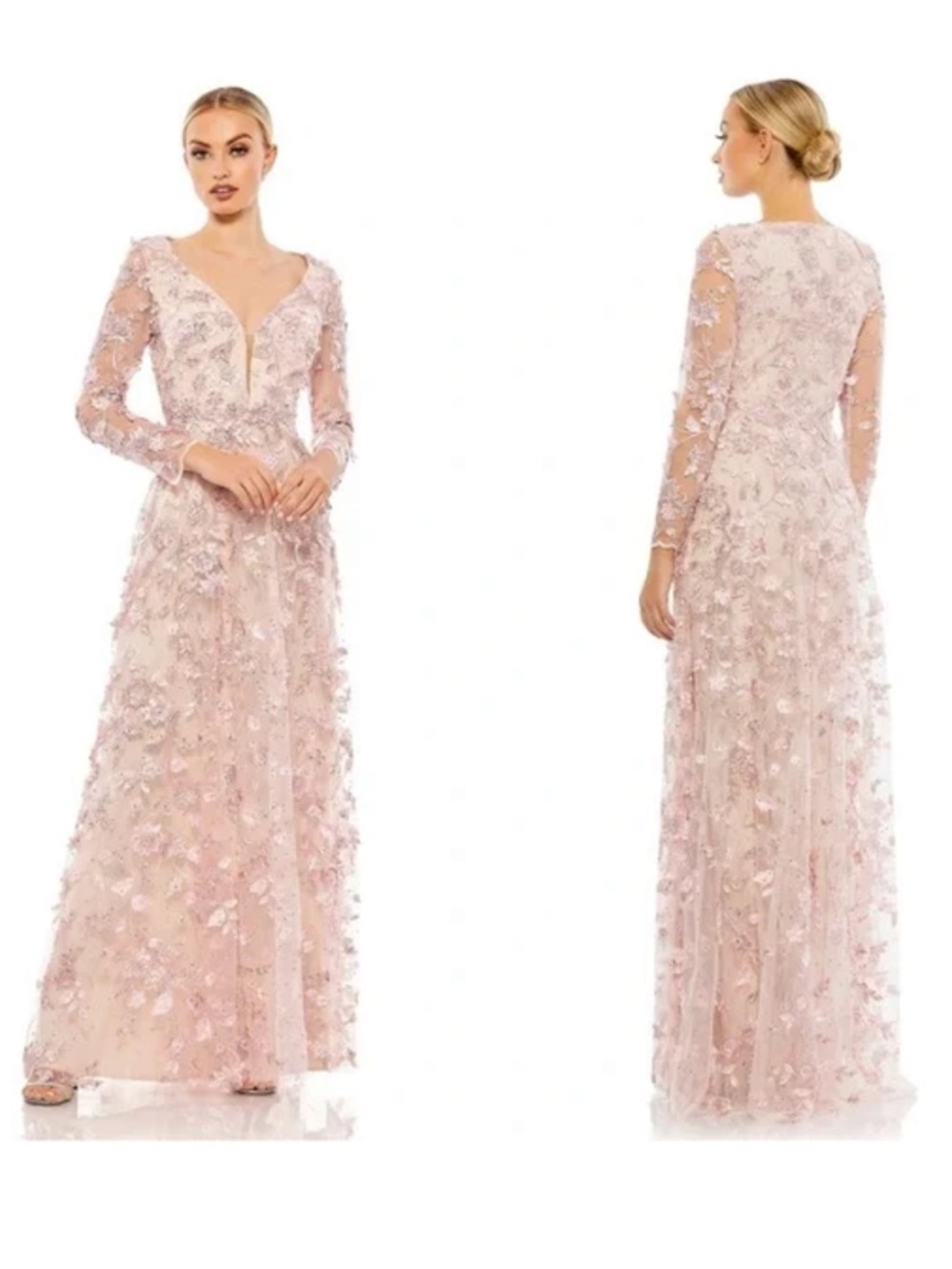 New Mac Duggal 70224 Pink Floral Applique Long Sleeve Illusion Gown NWT Size 6